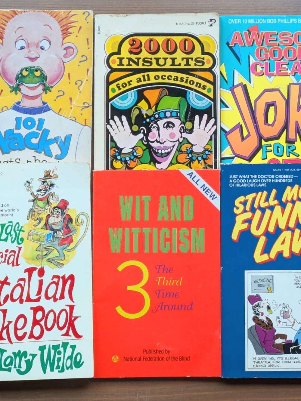 6pk Vintage Joke Books - Italian Jokes, Wit Witicism, Funny Laws, 2000 Insults